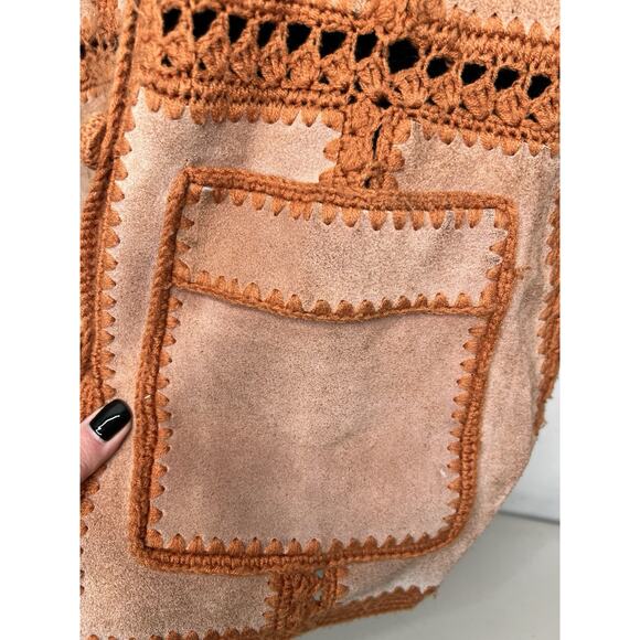 Vintage 70’s Orange Brown Leather and Knit Jacket Button Down Size Medium - Picture 6 of 8